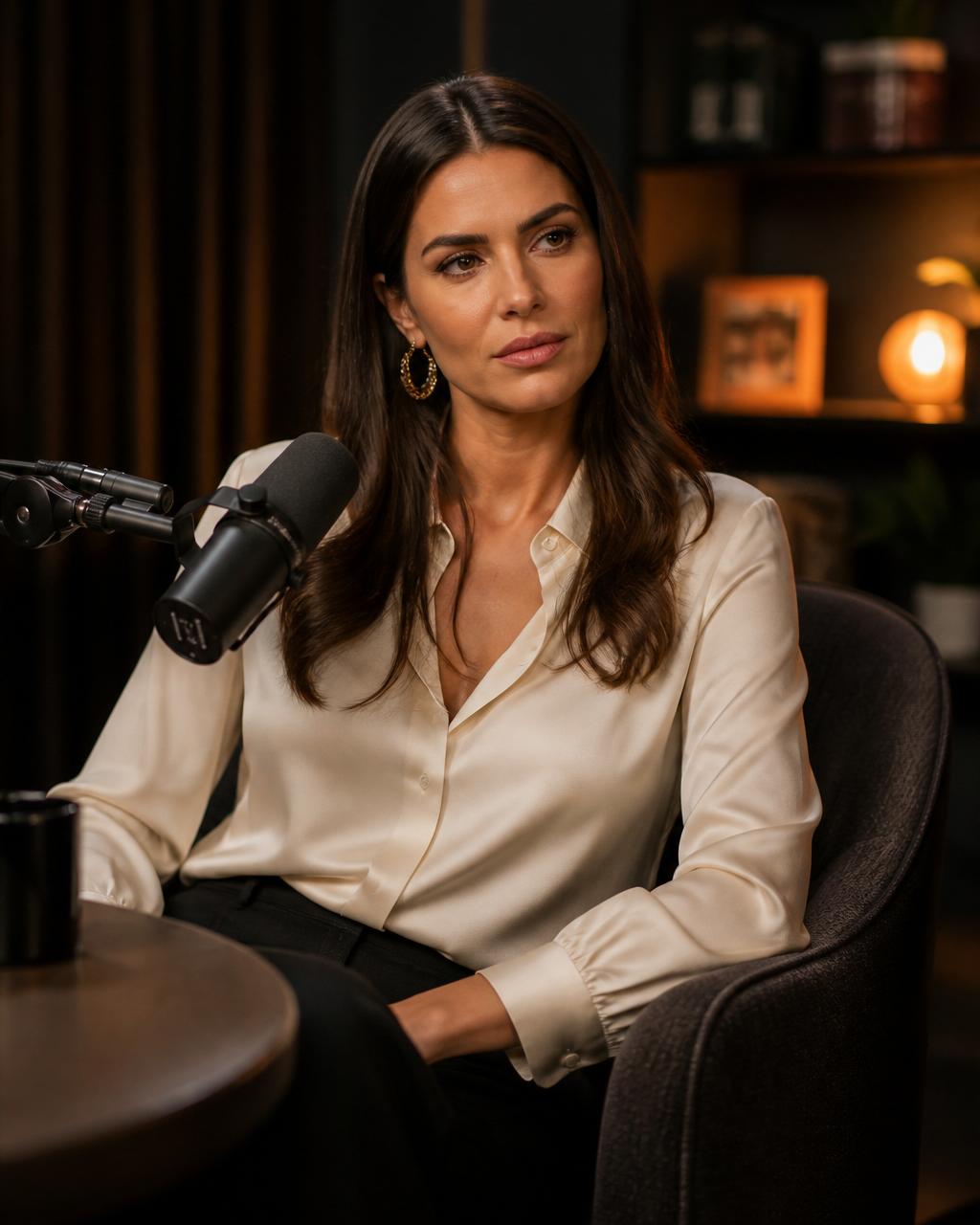 Cinematic editorial portrait generated by an AI Twin, seated in a podcast studio